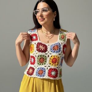 Crochet Granny Square Vest Top Sleeveless Boho‎ Hippie Festival Colorful